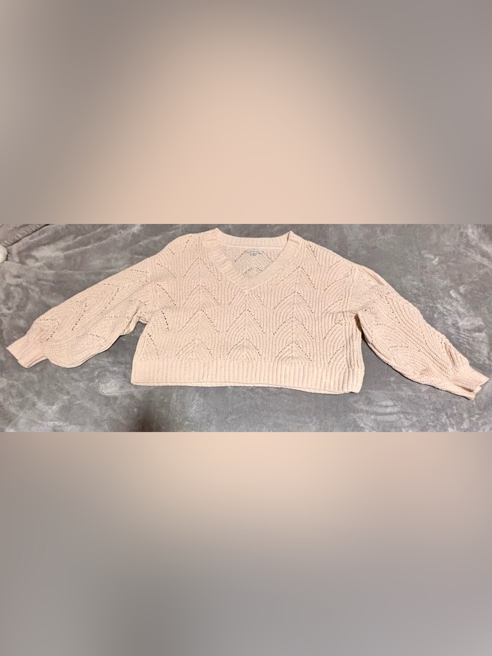 American Eagle Outfitters V-Neck Pointelle Sweater in Light Beige
